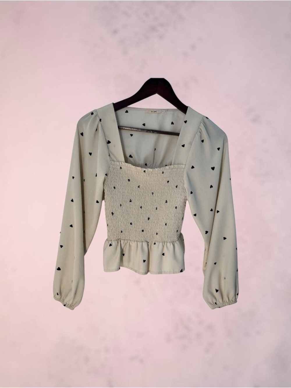 Mi Ami Cream Long-Sleeve Smocked Peplum Top with Black Heart Print